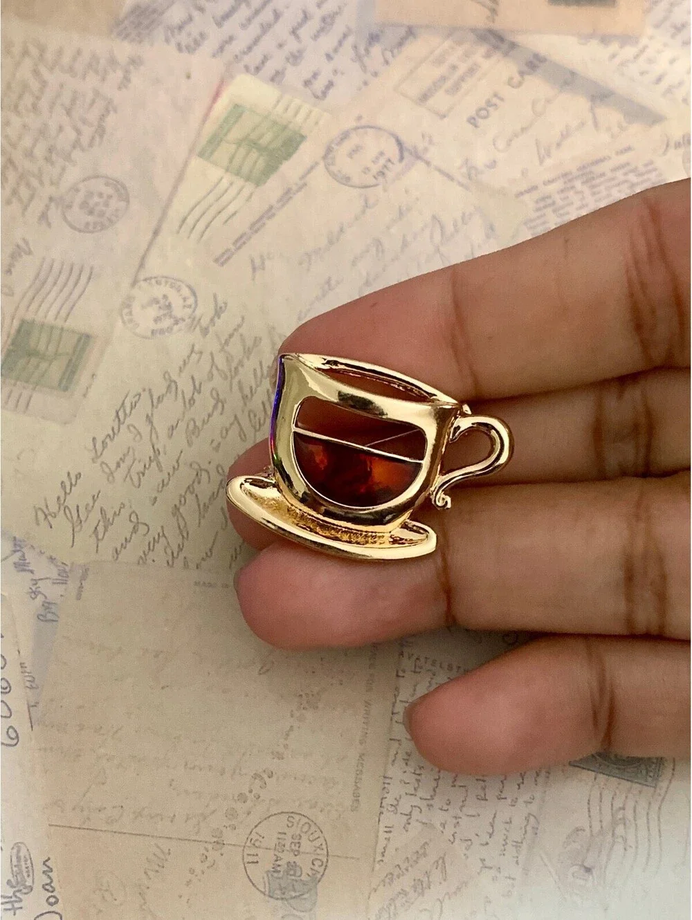 Cute Gold Tone Coffee Cup Pin Brooch with Amber Accent